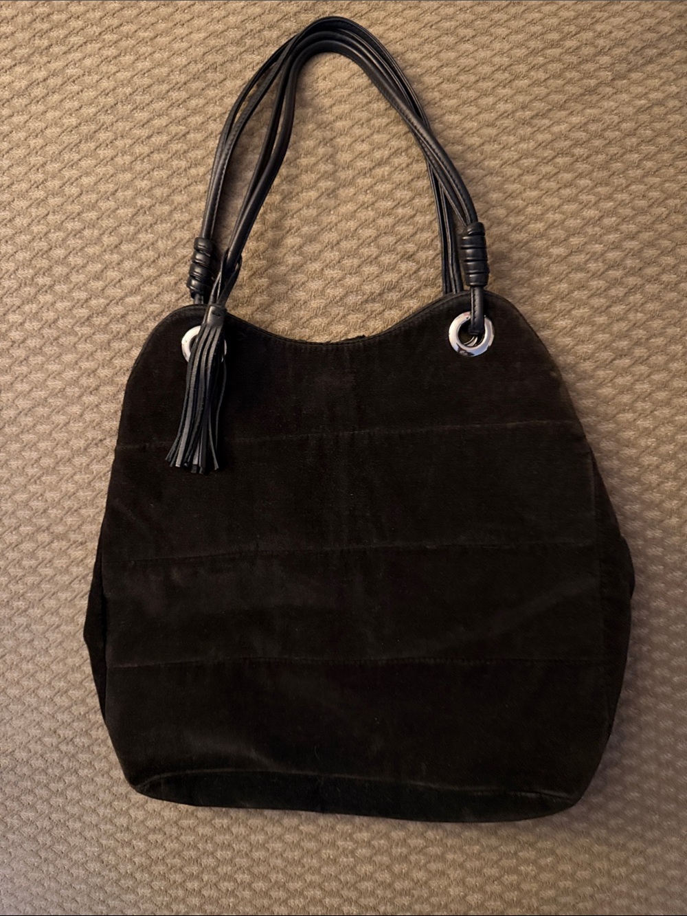 Vintsge Talbots Black Suede Shoulder Bag with Tassel soft hobo